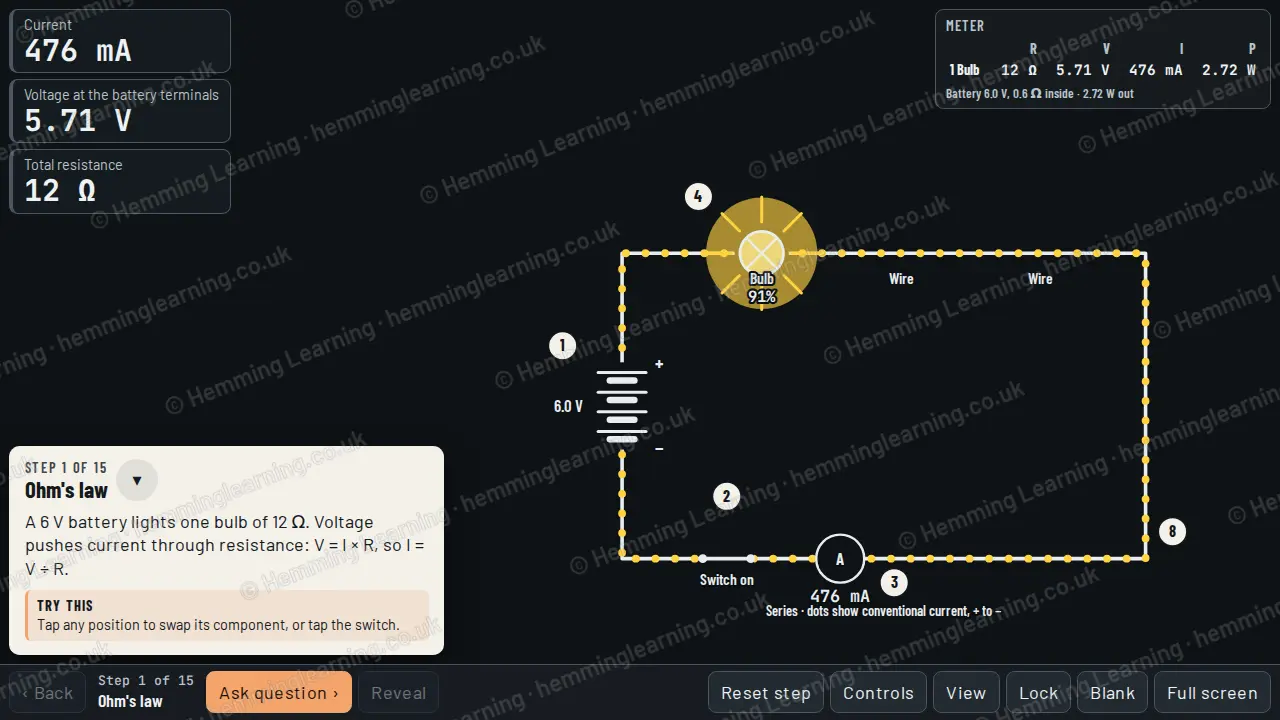 A circuit diagram: a battery, a switch and an ammeter with two glowing bulbs on parallel branches, and a meter listing each one's voltage and current